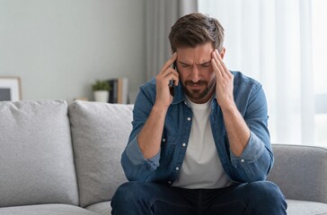 Obraz premium Stressed young man suffering from severe headache or migraine, sitting on a sofa and tightly holding his temples in physical pain at home.