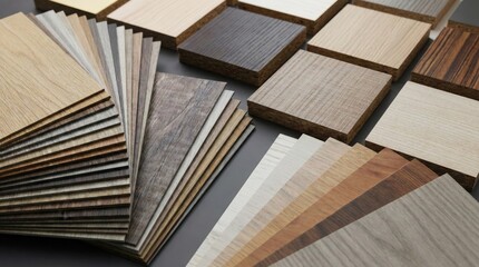 Samples of wooden laminate flooring textures in various colors and finishes,suitable for interior design,renovation and home improvement projects