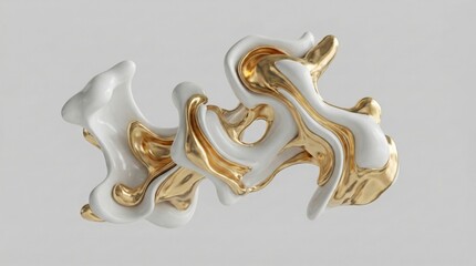 Abstract 3D sculpture with white and gold fluid shapes,modern artistic design element for luxury branding,digital art and creative visual identity