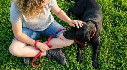 Woman sitting on green grass field petting black Labrador dog with red leash,showing human-animal bond,relaxation,care and outdoor lifestyle in warm sunlight
