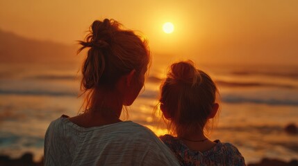 Woman and young girl enjoy a glowing sunset over the ocean, standing together in casual clothing, warm colors reflecting off the water in a serene coastal setting