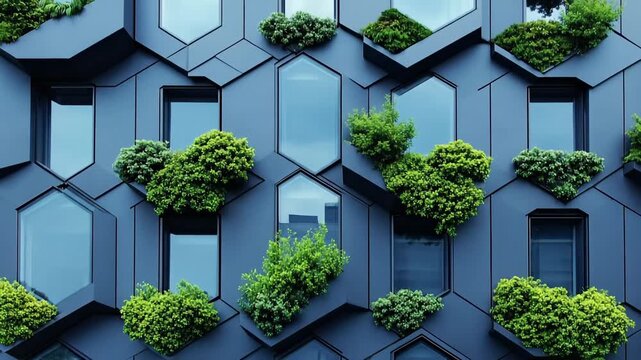 A modern building facade integrated with lush greenery.