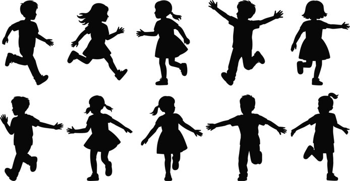 Silhouettes of children running and playing on a white background vector