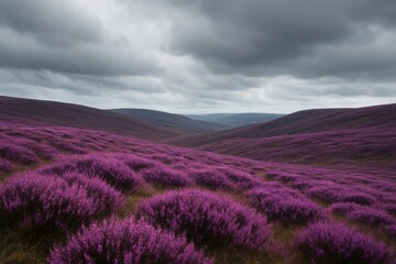 Obraz premium Lavender hills under moody cloudy sky with vibrant purple heather covering rolling landscape in soft natural light creating dreamy background effect. Ai generative