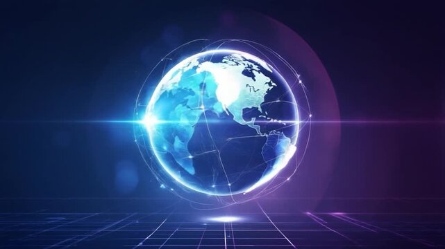 A glowing, stylized globe with connected lines, rendered in cool blue and purple tones, on a grid
