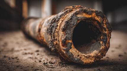 Heavily corroded sewer pipe with rust and debris lying on an industrial floor, showcasing unsanitary plumbing conditions in a close-up view
