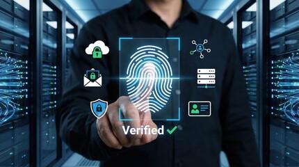 Futuristic fingerprint biometric scanning with verified identity icon and digital security symbols in data center,representing modern access control and user verification