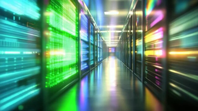 A vibrant, neon-lit server room corridor with rows of illuminated data racks. Reflections on floor