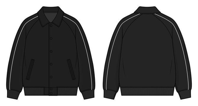 Minimal Raglan Bomber Jacket Technical Fashion Illustration. Clean Street Essential Outerwear. Front and Back View. CAD Vector Template.