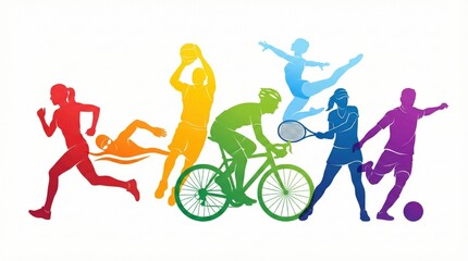 Colorful vector silhouettes of athletes playing different sports including running,cycling,tennis,football,basketball and swimming,representing physical activity and energy