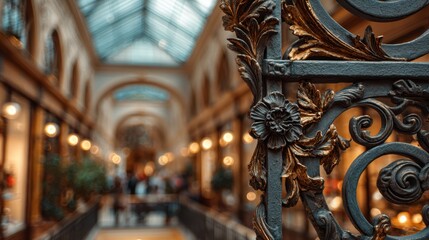 Ornate wrought iron gate with intricate floral scrollwork in high close-up, blurred interior of elegant shopping arcade with warm lighting and arched glass ceiling