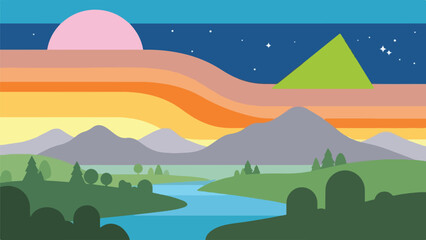 Obraz premium Stylized landscape illustration with mountains, river, sunset, and pyramid