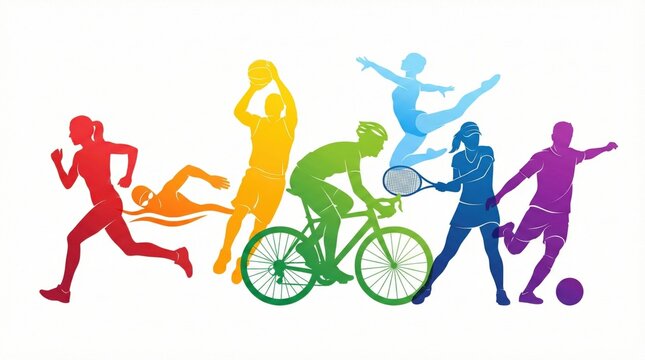 Colorful vector silhouettes of athletes playing different sports including running,cycling,tennis,football,basketball and swimming,representing physical activity and energy