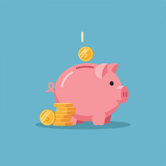 Pink piggy bank with coins falling into its slot, with some coins around it