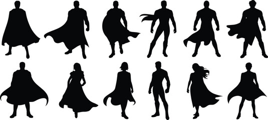 Silhouettes of superheroes with capes in different poses on a white background Keywords: superhero, silhouettes, men, women © MDBENJIR