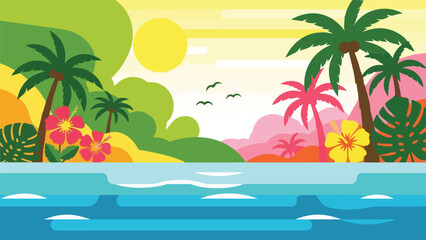 Obraz premium Colorful tropical landscape with palm trees, sun, sea and flowers