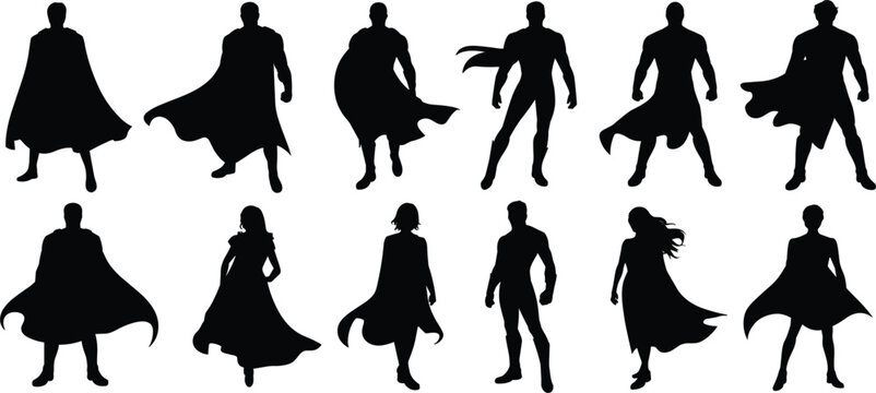 Silhouettes of superheroes with capes in different poses on a white background Keywords: superhero, silhouettes, men, women