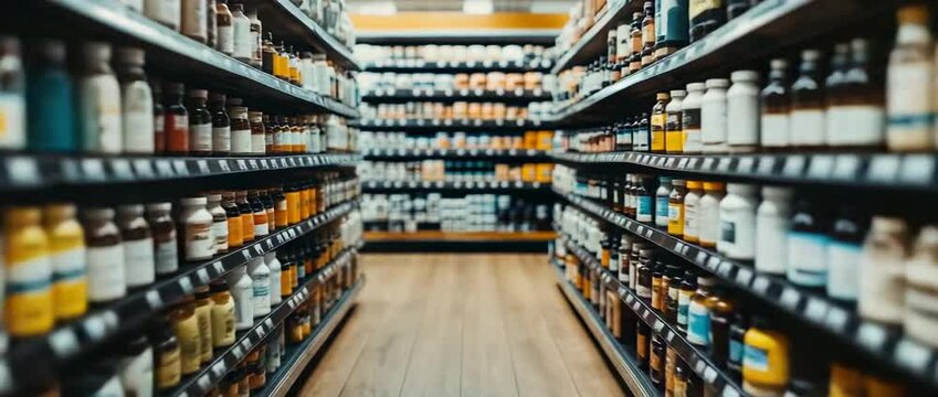 A long supermarket aisle with full shelves displaying diverse products and goods, representing modern food retail and consumer supply chains for everyday healthy living
