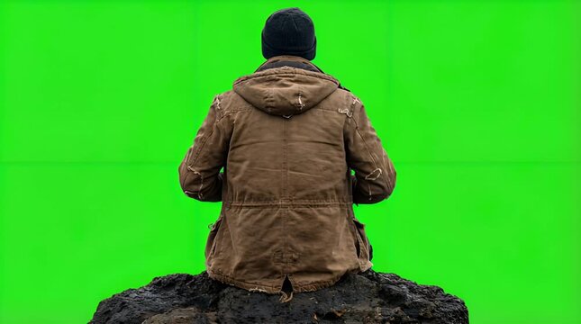 Back View Of Man In Brown Jacket And Black Beanie Sitting On Black Rock Against Bright Green Screen