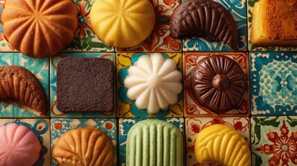 Assorted traditional Mexican pastries including conchas, cookies, and colorful sweet breads arranged on decorative tiles in a top-down view