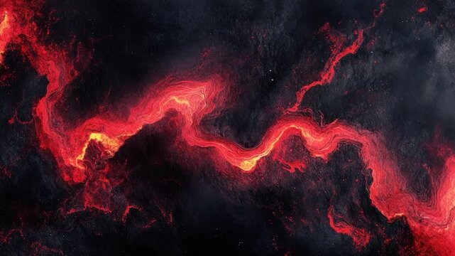 Fiery red magma flows through a dark textured expanse with faint star-like points
