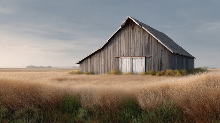 Obraz premium Vintage American barn at sunrise fields of wheat.
