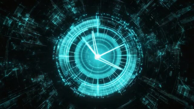 Glowing cyan clock face amidst a digital network pattern, representing time in a tech-driven concept