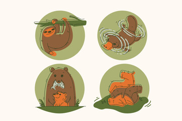 Obraz premium Green and brown cartoon outline illustrations set with bear, capybara, platypus, and sloth