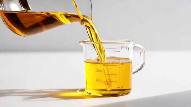 Oil pouring from beaker into cup, close-up shot, a visual of the essence of the process