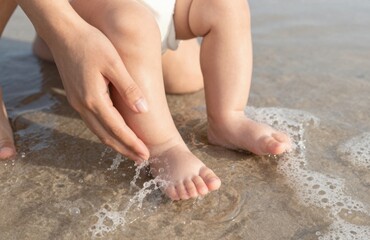 Parent's gentle hand guides baby's small feet into the splashing ocean water, capturing a sweet moment of first seaside experiences on a sunny summer beach.
