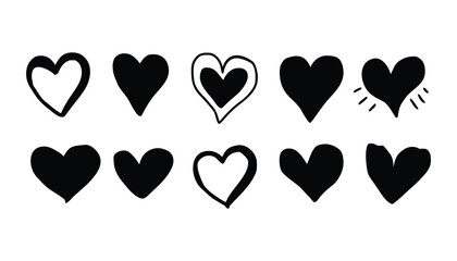 Set of Black Love Heart Icons in Various Styles on white background. 