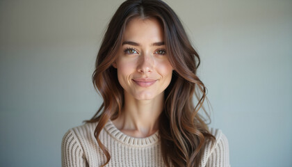 Fototapeta premium Beautiful young woman with a gentle smile and natural look in a cozy sweater against a soft background 
