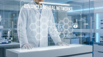 Futuristic lab with advanced neural network research,scientist interacting with AI interface,human-machine integration technology concept