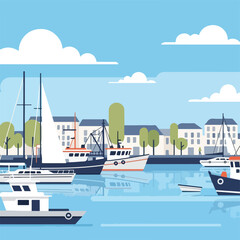 Fototapeta premium Colorful illustration of boats in a harbor with buildings and a blue sky