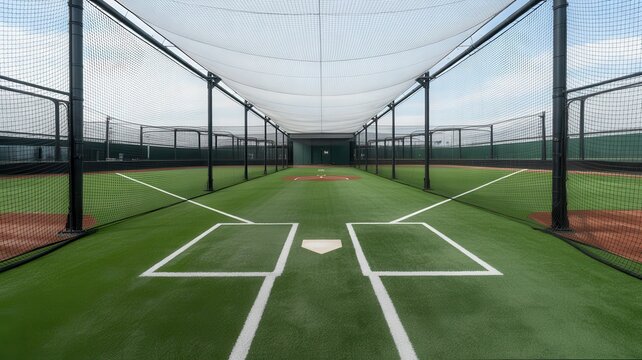 Empty indoor baseball batting cage with artificial turf and netting