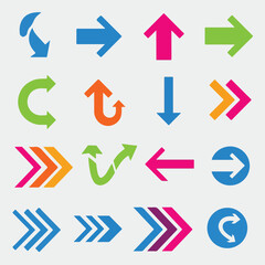 Colorful vector icons and arrows, showing directions and movement