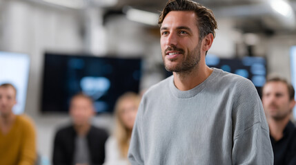 Fototapeta premium Startup founder in casual attire presenting new idea.