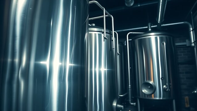 nepotism. A gleaming stainless steel fermenter with pipes in a dim cellar. bar promotions, beverage menus, packaging labels, designed for product packaging and bar promotions, used by photographers.