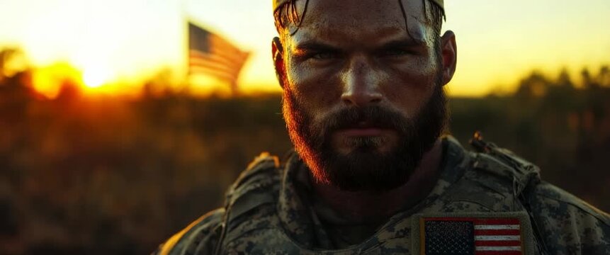 A solemn veteran in military uniform with an American flag patch looks forward at sunset This patriotic image symbolizes service, national security, and remembrance for Memorial Day