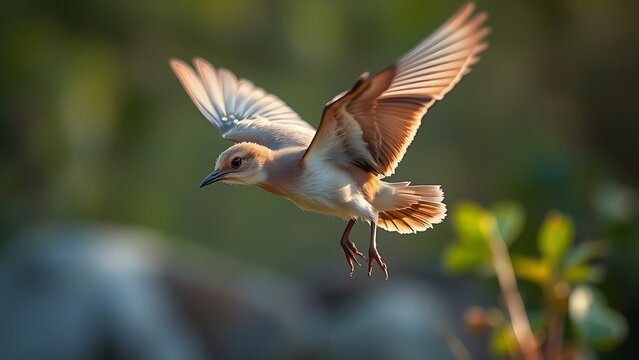 genuineness. A young bird attempting its first flight with awkward wing movements in soft morning light. wildlife magazines, conservation campaigns, designed for wildlife conservation campaigns.