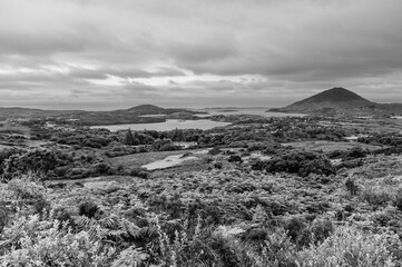 A black and white photo of a landscape with a mountain in the background