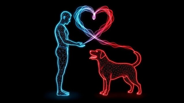 Digital wireframe human and dog connection forming a glowing heart shape
