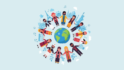 Obraz premium Diverse people holding hands around a globe with iconic landmarks