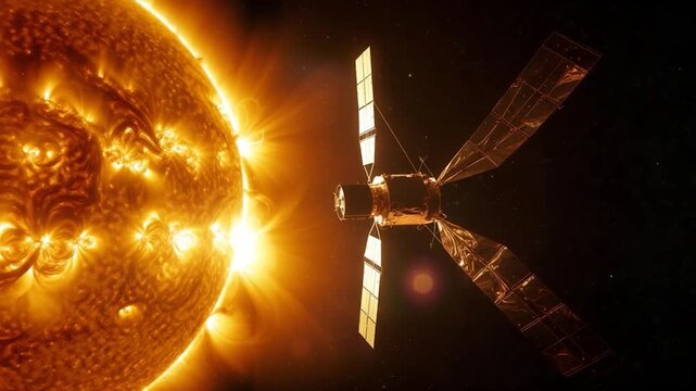 A satellite explores the radiant sun, its solar panels catching light against a star-filled cosmos