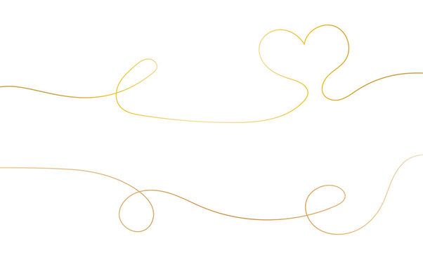 Thin squiggle golden line heart set. Wavy wiggle stripe. Curvy head or yarn lines for decor, separate, divider. Tangled squiggly linear doodle shapes. Vector