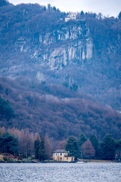 The Madonna del Sasso church, above the shoreline of Orta Lake. Is a glacial origin lake in northern Italy, Piedmont region, with San Giulio island, home of nuns cloister and UNESCO Site.