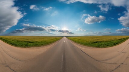 Fototapeta premium Wide angle view of an asphalt road through lush green fields under a blue cloudy sky