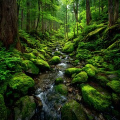 Fototapeta premium Lush Green Forest with Moss Covered Rocks and Flowing Stream Tranquil Natural Landscape Rich Foliage and Sunlight Splashes Serene Woodland Scene