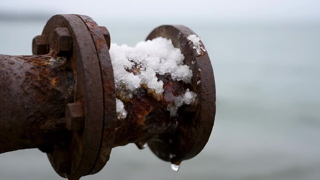 Close-up of a rusty metal pipe flange covered with white snow and melting water drops against a grey sea background. Cold atmosphere of coastal industrial zone
