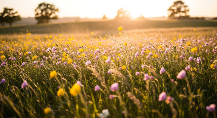 Naklejka premium Serene Wildflower Field at Sunrise with Soft Lighting